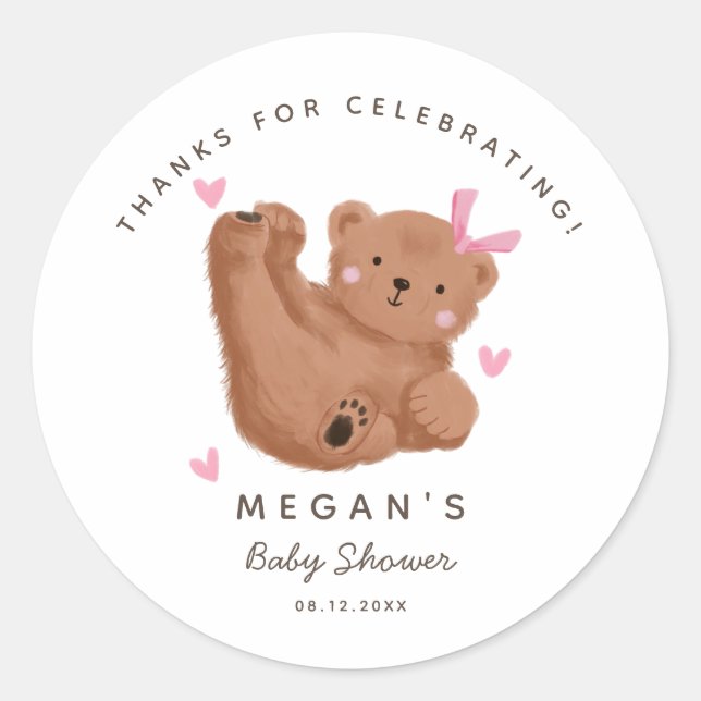 Cub Bear Girl Baby Shower Woodland Classic Round Sticker (Front)