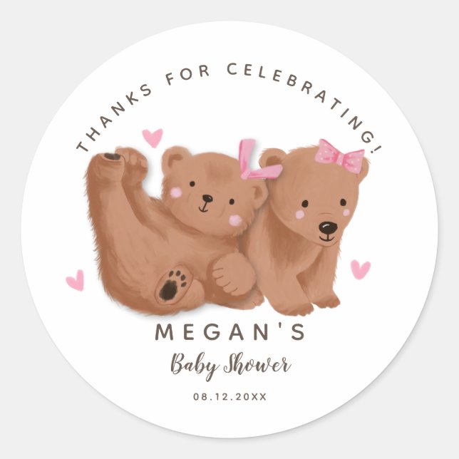 Cub Twin Bears Girls Baby Shower  Classic Round Sticker (Front)