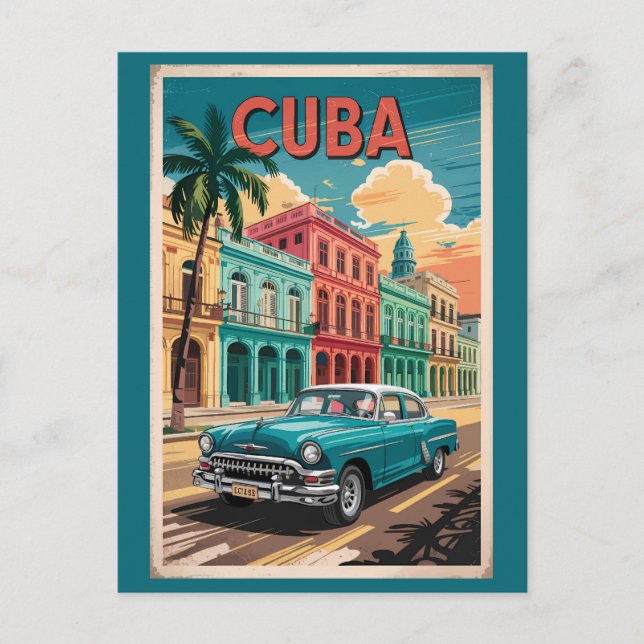 Cuba Classic Car Illustration Travel Art Vintage Postcard (Front)