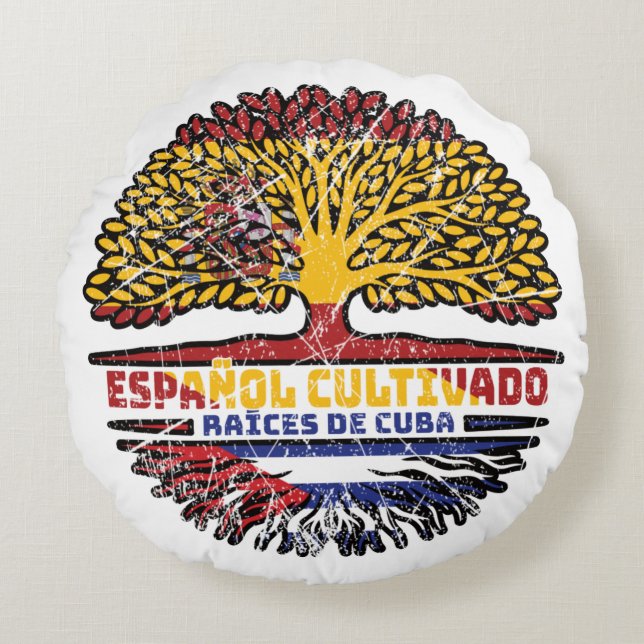 Cuba Cuban Spain Spanish Tree Roots Flag Round Cushion (Front)
