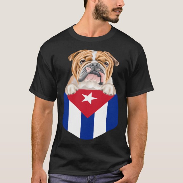 Cuba Flag Bulldog Dog In Pocket T-Shirt (Front)