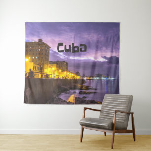 Cuba Havana Shoreline Citylights At Night Tapestry