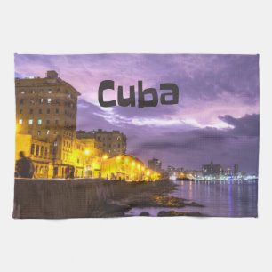 Cuba Havana Shoreline Citylights At Night Tea Towel