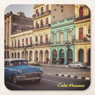 Cuba Havana Vintage Classic Car Cityscape Square Paper Coaster