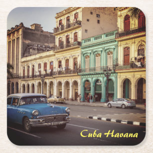 Cuba Havana Vintage Classic Car Cityscape Square Paper Coaster