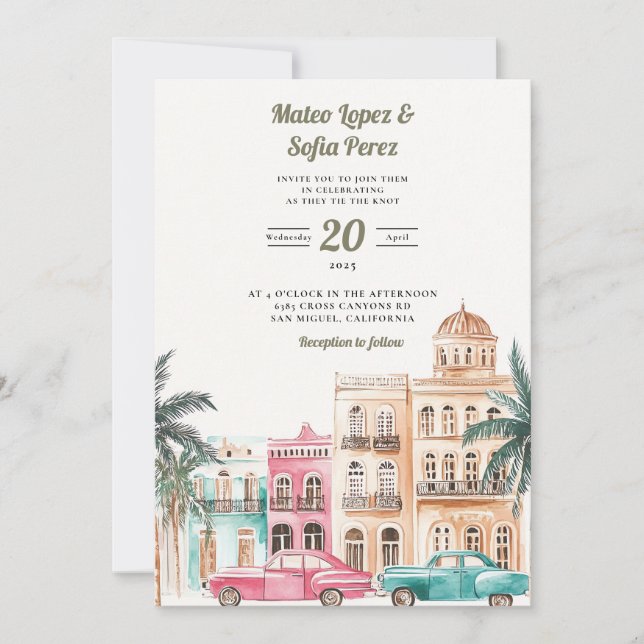 Cuba Havana Watercolor Wedding Invitation (Front)