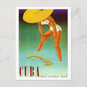 Cuba, Isle, bikini girl in big yellow hat, vintage Postcard