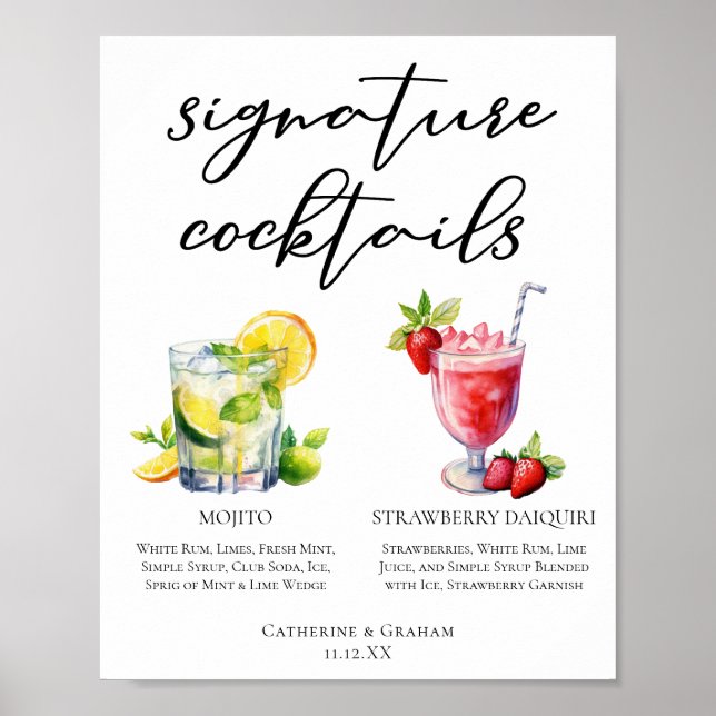 Cuban Cocktails Mojito Strawberry Daiquiri Menu Poster (Front)