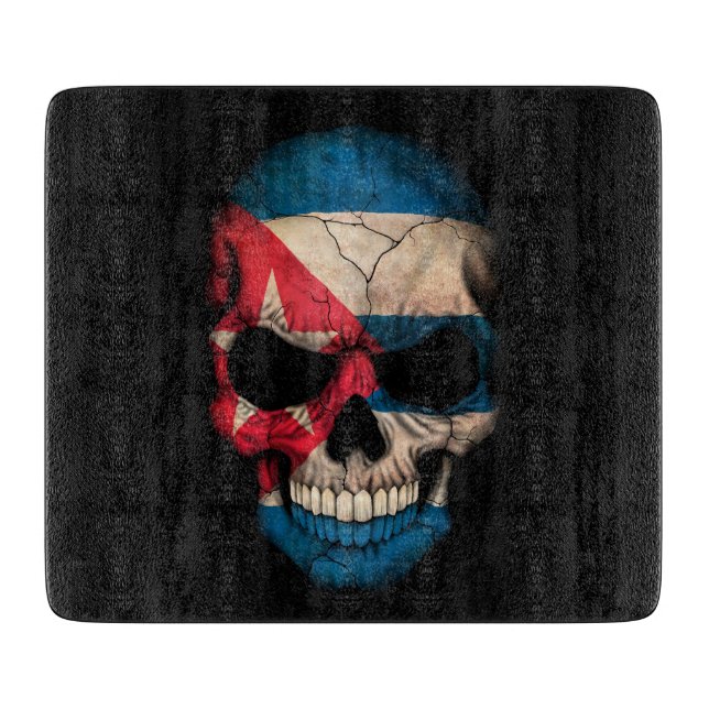 Cuban Flag Skull on Black Cutting Board (Front)