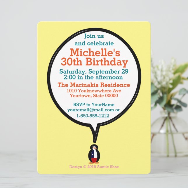 Cuban Talking Ms. Penguin Personalised  Invitation (Standing Front)