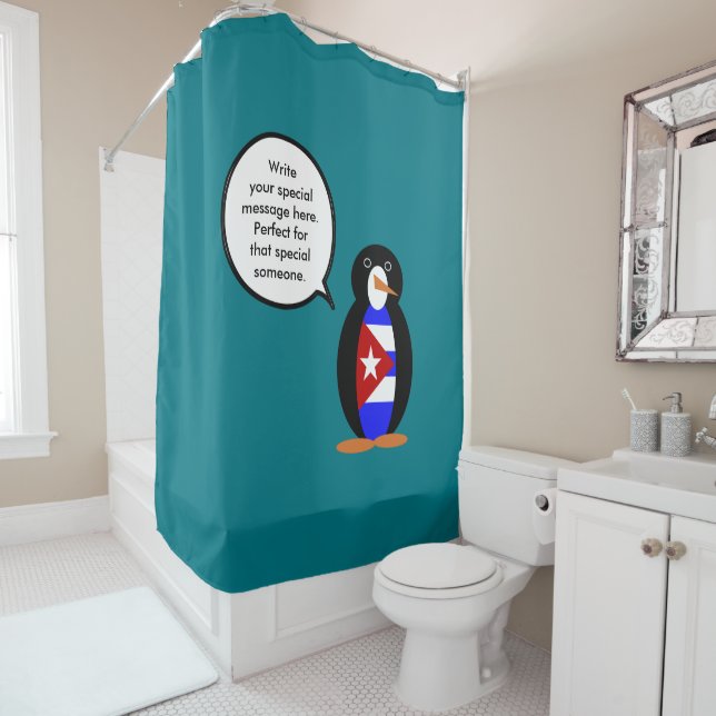 Cuban Talking Ms. Penguin Personalised  Shower Curtain (In Situ)