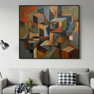 Cubist Abstract 3D Cubes Earth Tones Poster