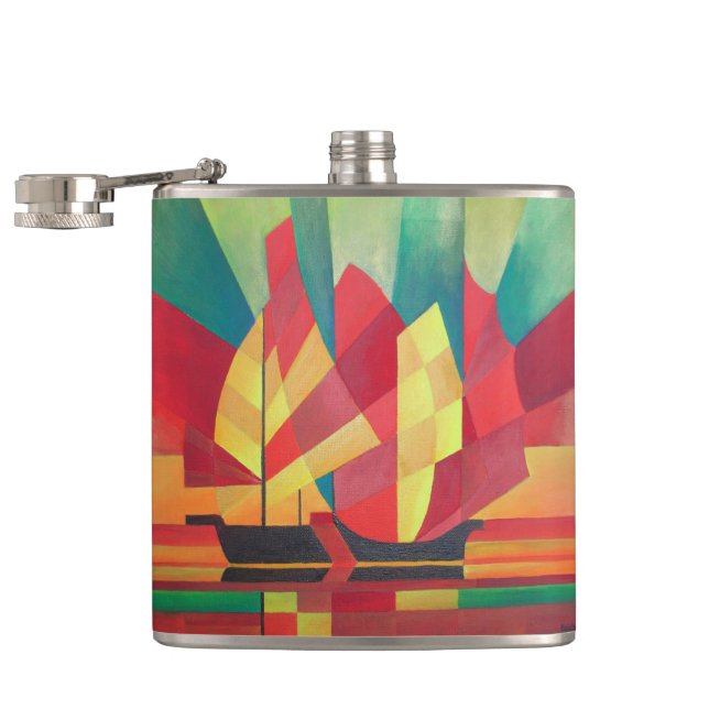 Cubist Abstract of Junk Sails and Ocean Skies Hip Flask (Opened)
