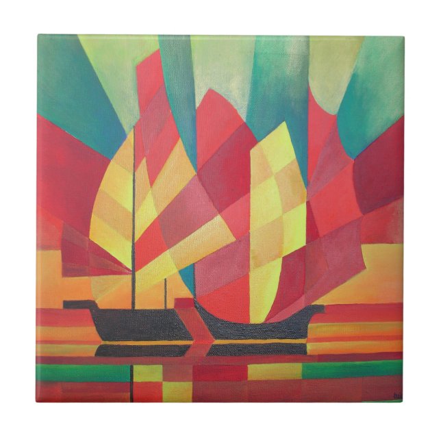 Cubist Abstract of Junk Sails and Ocean Skies Tile (Front)