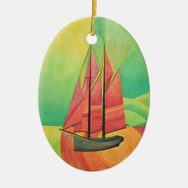 Cubist Abstract Sailing Boat Geometric Art Ceramic Tree Decoration (Front)