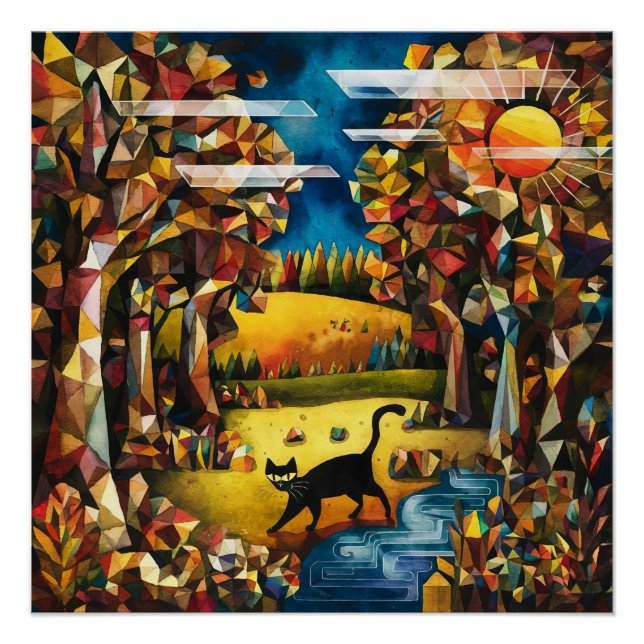 Cubist Autumn Forest with River and Meadow  Poster (Front)