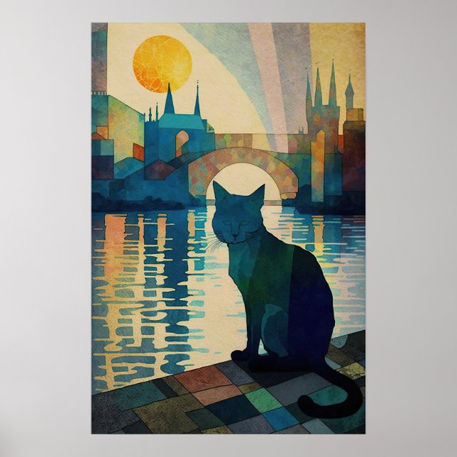 Cubist Cat Watching Sunset over Luminous Waters Poster (Front)