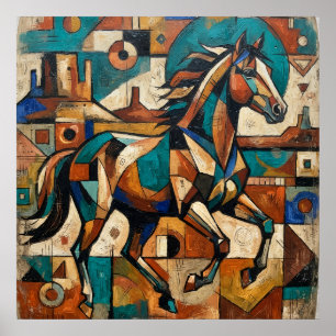 Cubist Geometric Horse Teal Terracotta Art Poster