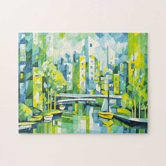 Cubist Green City with Bridge Jigsaw Puzzle (Horizontal)