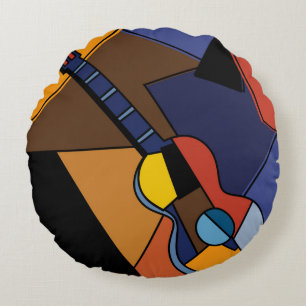 Cubist Guitar Surrealism Painting. Round Cushion