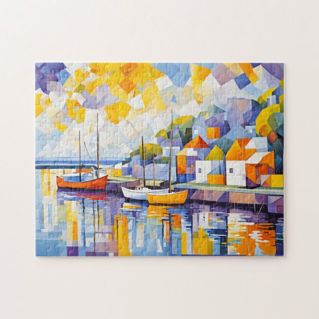 Cubist Harbour Scene with Boats Jigsaw Puzzle (Horizontal)
