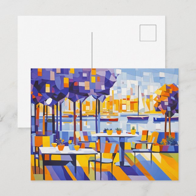 Cubist Outdoor Cafe with Tables Postcard (Front/Back)