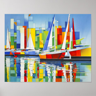Cubist Sailboats in Colourful Harbour Poster
