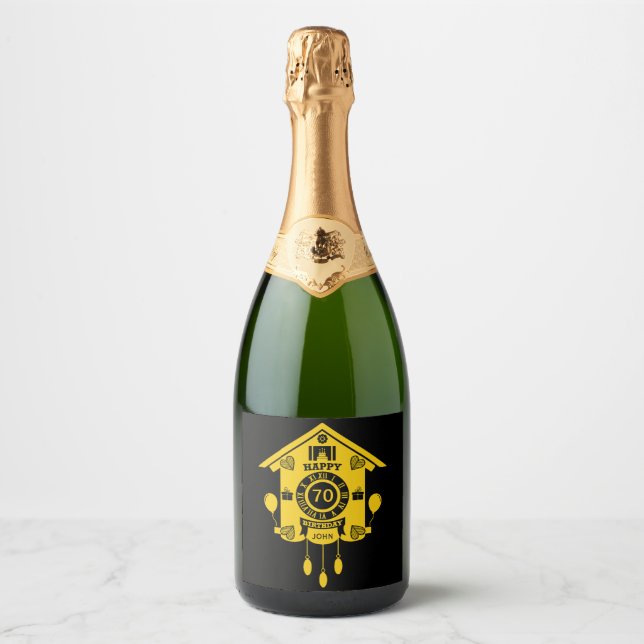 Cuckoo Clock Time Happy 70th Birthday Sparkling Wine Label (Front)
