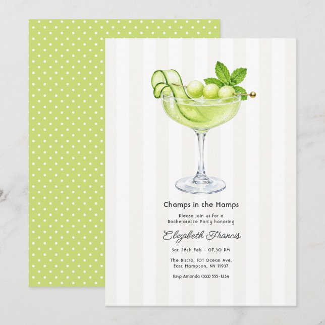 Cucumber Melon Martini Hamptons Bachelorette Party Invitation (Front/Back)