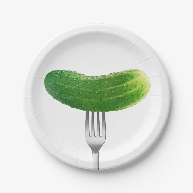 Cucumber on a fork paper plate (Front)