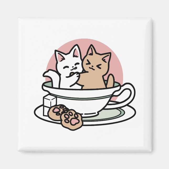 Cuddling Kitties in a Cup - Adorable Tea Time Magnet (Front)
