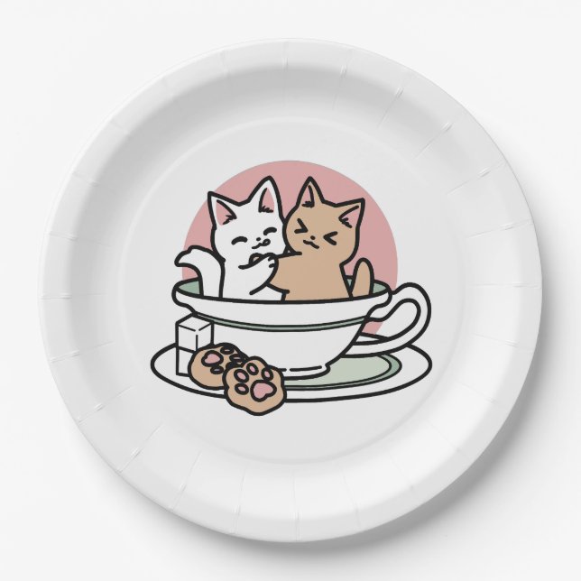 Cuddling Kitties in a Cup - Adorable Tea Time Paper Plate (Front)