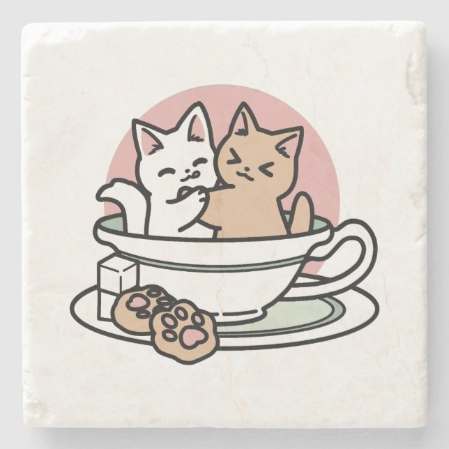 Cuddling Kitties in a Cup - Adorable Tea Time Stone Coaster (Front)
