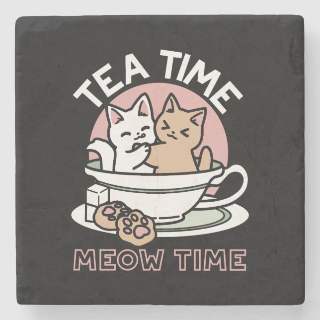 Cuddling Kitties in a Cup - Adorable Tea Time Stone Coaster (Front)
