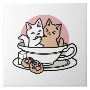 Cuddling Kitties in a Cup - Adorable Tea Time Tile