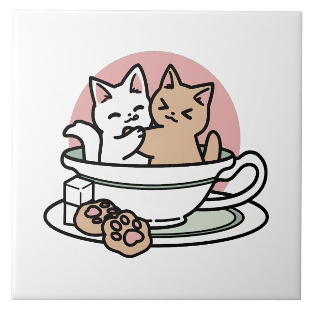 Cuddling Kitties in a Cup - Adorable Tea Time Tile (Front)