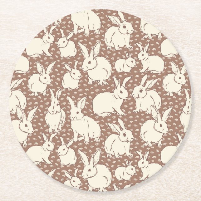 Cuddly Bunny Rabbits Bonanza - Mocha Mousse.   Round Paper Coaster (Front)