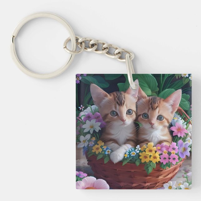 Cuddly Cute Kittens in a Flower Basket Key Ring (Front)
