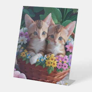 Cuddly Cute Kittens in a Flower Basket Pedestal Sign