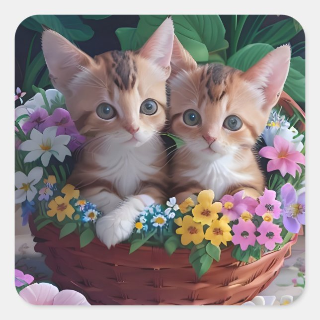 Cuddly Cute Kittens in a Flower Basket Square Sticker (Front)
