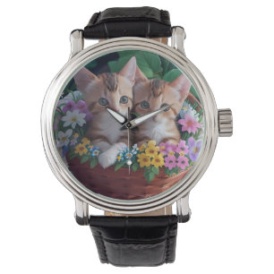 Cuddly Cute Kittens in a Flower Basket Watch