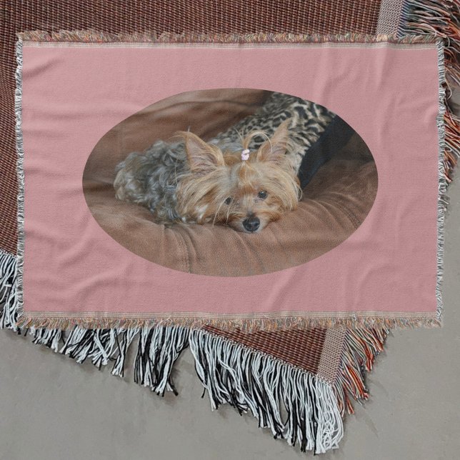 Cuddly Cute Sleepy Yorkie Puppy Pink Throw Blanket (Creator Uploaded)