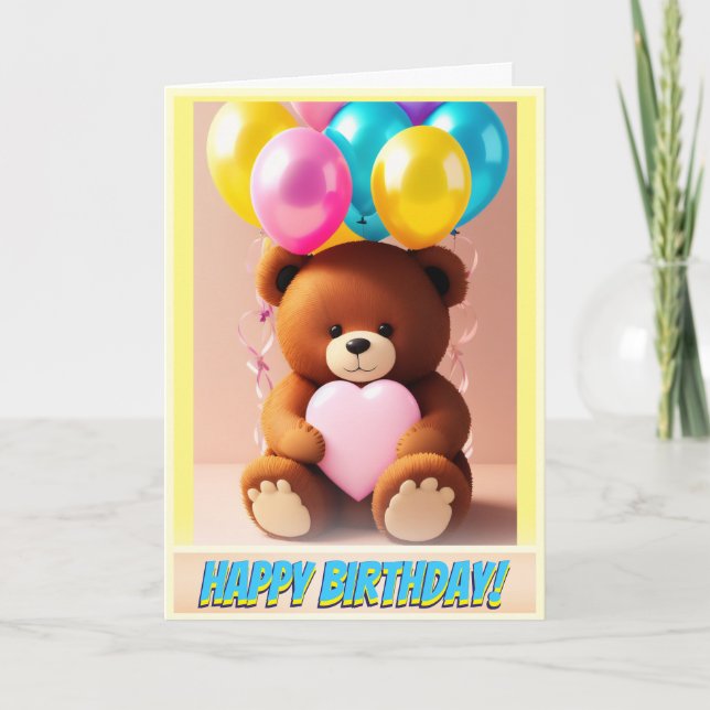 Cuddly Teddy Bear Love Heart and Balloons Birthday Card (Front)