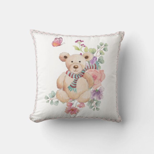 Cuddly teddy in flowers cushion (Front)