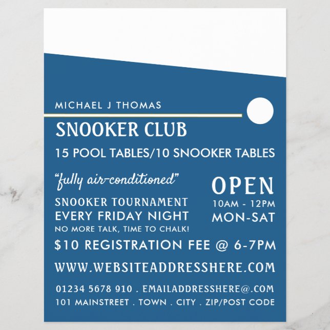 Cue Ball, Pool Club, Snooker Club Advertising Flyer (Front)