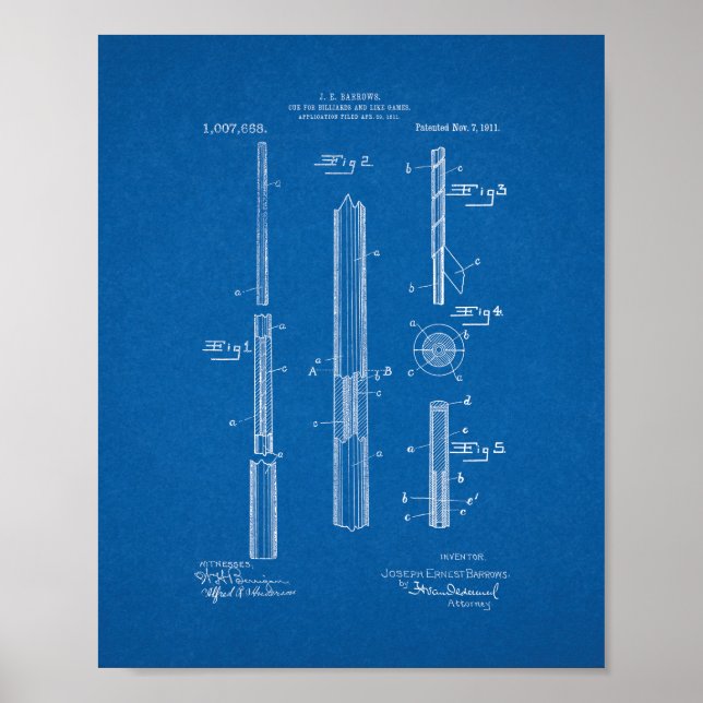 Cue For Billiards And Like Games Patent - Blueprin Poster (Front)