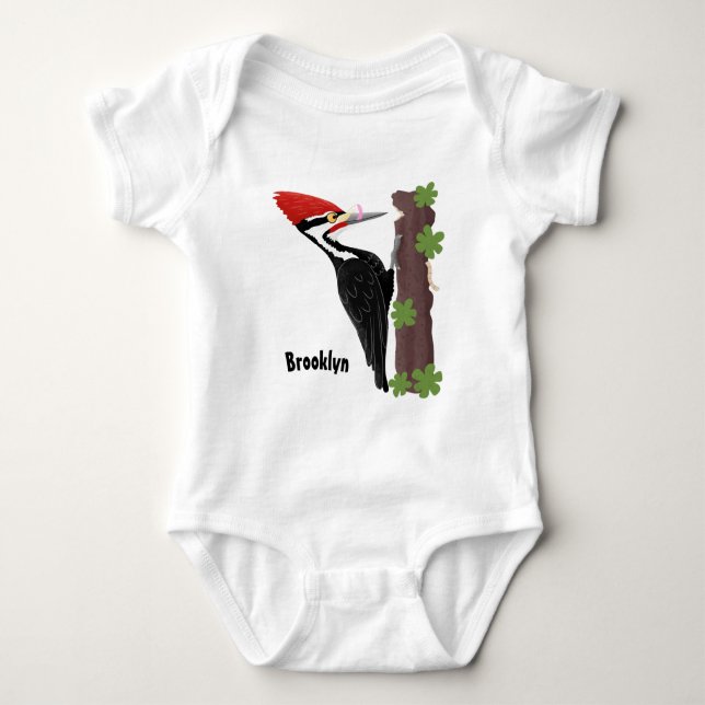 Cue funny Pileated woodpecker cartoon illustration Baby Bodysuit (Front)