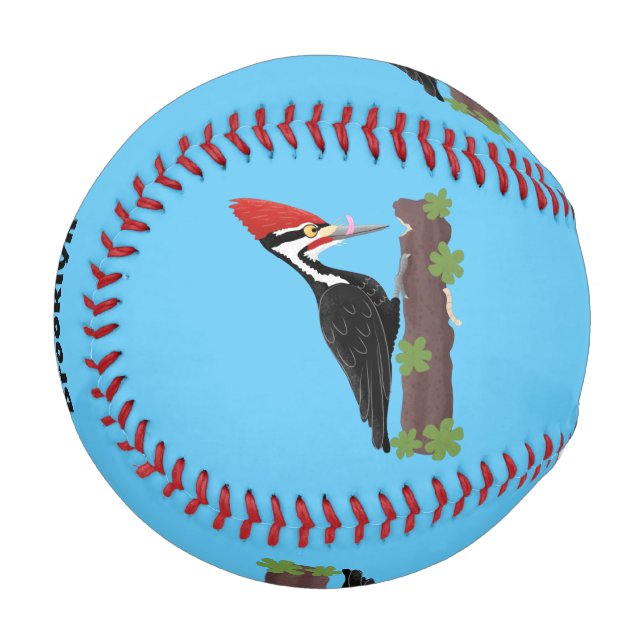 Cue funny Pileated woodpecker cartoon illustration Baseball (Front Left)