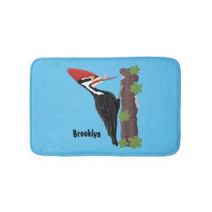 Cue funny Pileated woodpecker cartoon illustration Bath Mat