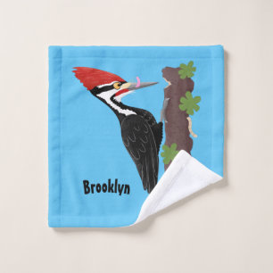 Cue funny Pileated woodpecker cartoon illustration Bath Towel Set